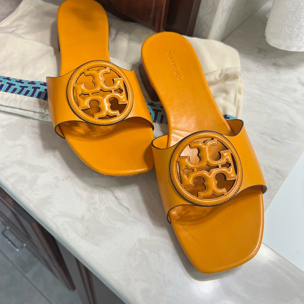 Tory Burch Orange Slide Sandals with Embossed Logo